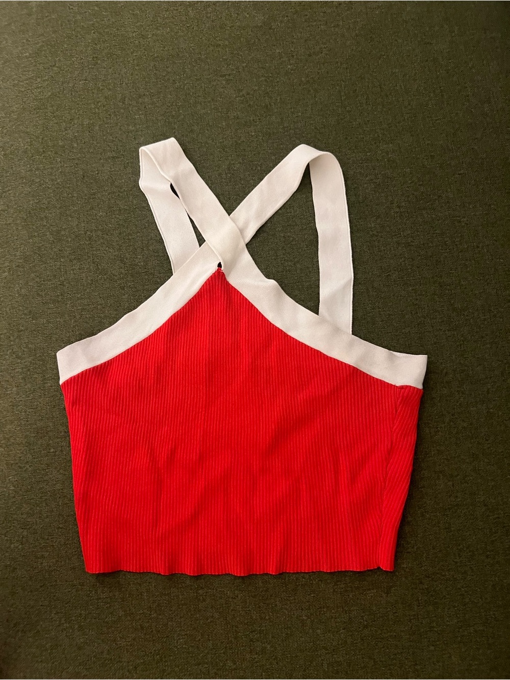 Red Ribbed Crop Tank with White Contrast Straps